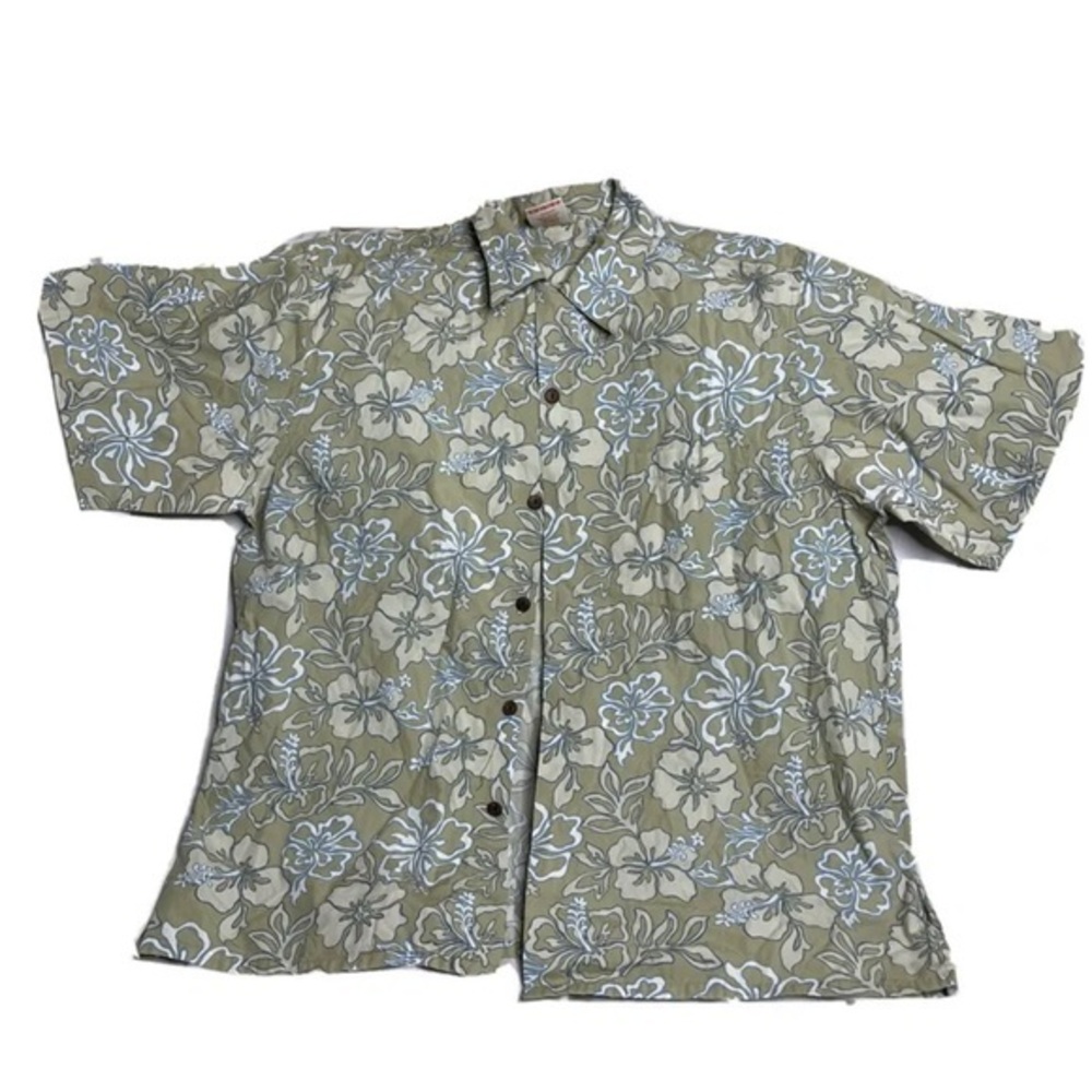 Go Barefoot Button Up Shirt Men XL Hawaiian Tropical Blue Beige Floral